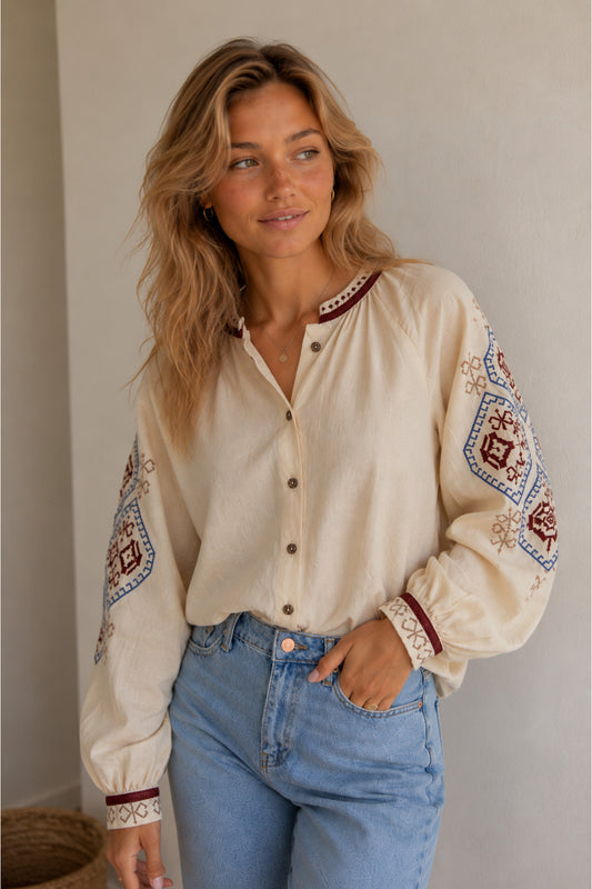 Judith Women's Cotton Vintage Inspired Embroidered Shirt - Beige