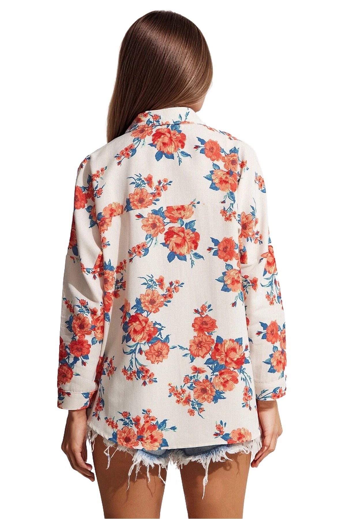 Emilia Women's Linen-Viscose Blend Oversized Printed Shirt - Bright Orange Floral
