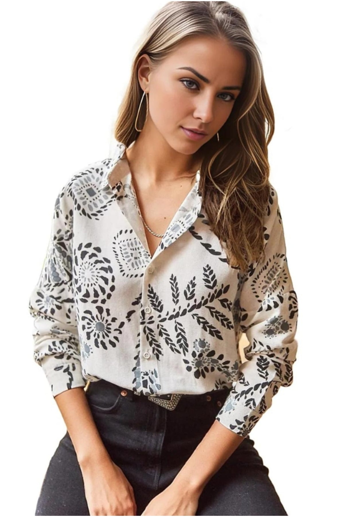 Emilia Women's Linen-Viscose Blend Oversized Printed Shirt - Black and Ecru Geometric Print