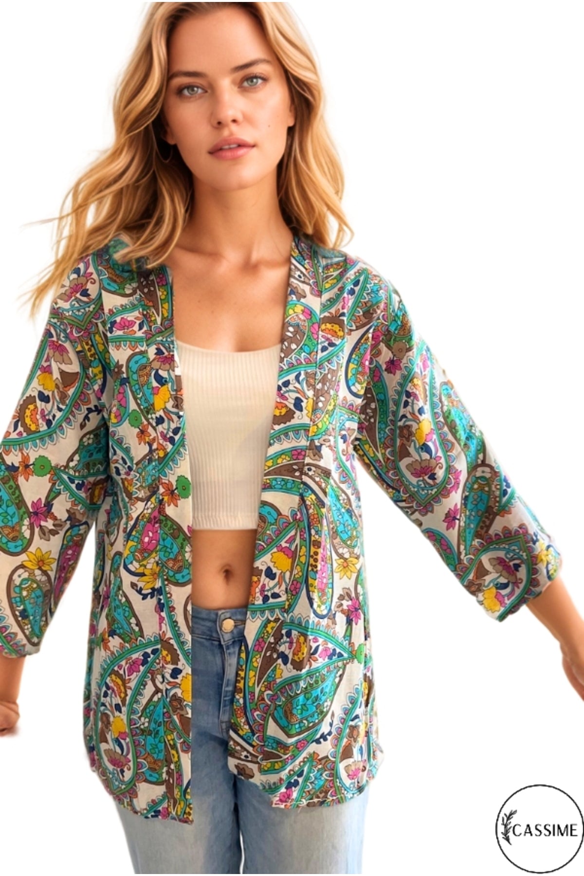 Catherine Women's Linen-Viscose Blend Relaxed Fit Kimono - Green and Pink Print
