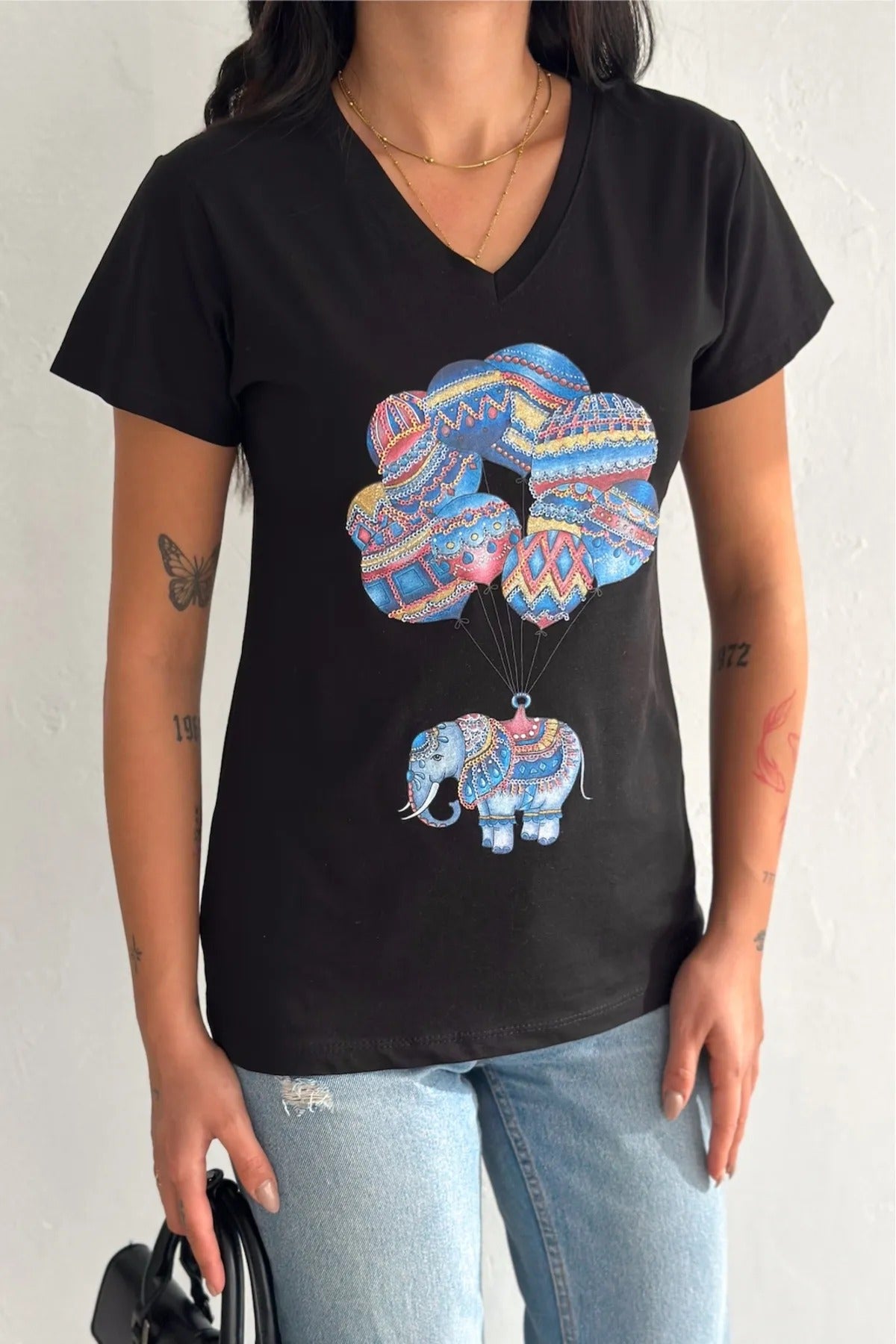 Tilda Black Elephant Balloon Sequin Cotton Short Sleeve T-Shirt