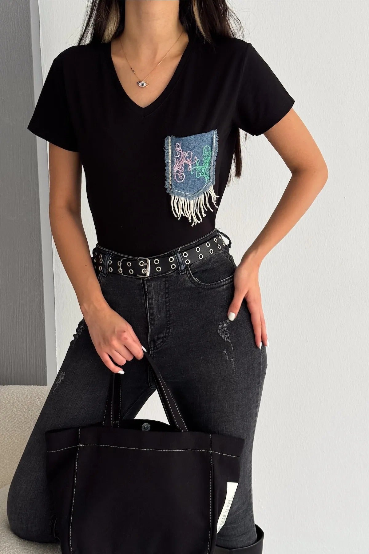 Tilda Black Jean Pocketed Cotton Short Sleeve T-Shirt