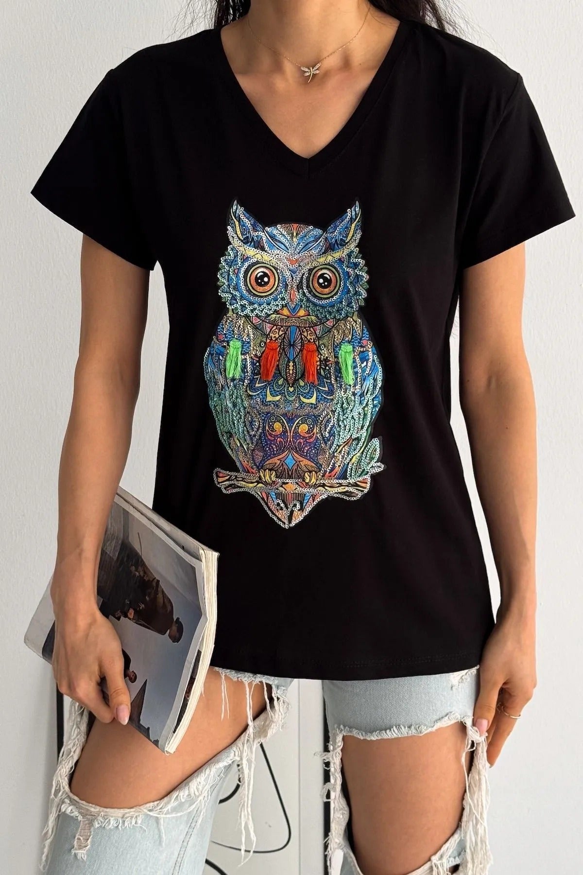 Tilda Black Owl Floral Design Cotton T-shirt