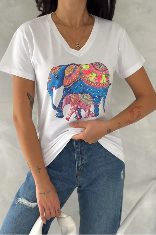 Camiseta de algodón Tilda con lentejuelas, diseño floral en negro y azul