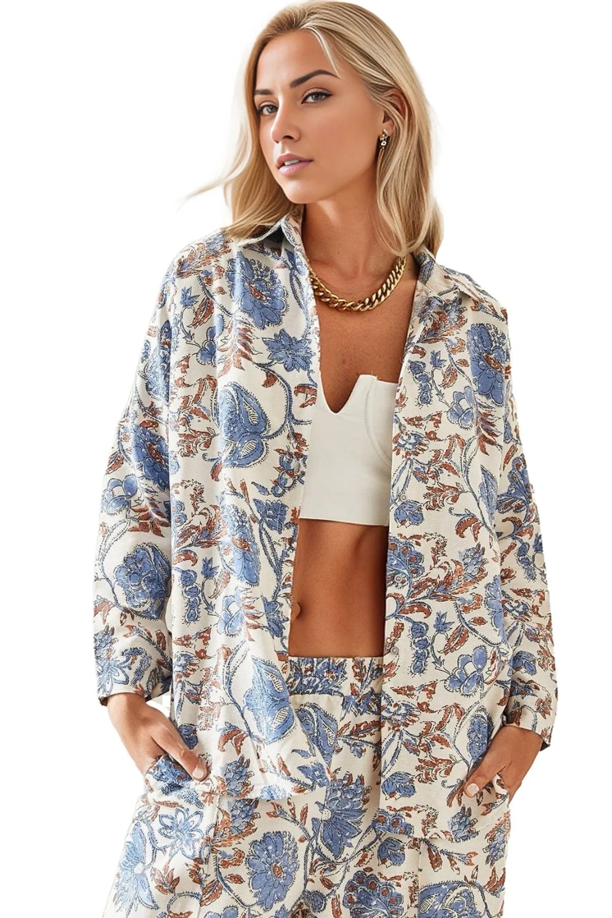 Emilia Women's Linen-Viscose Blend Oversized Printed Shirt - Light Blue Floral