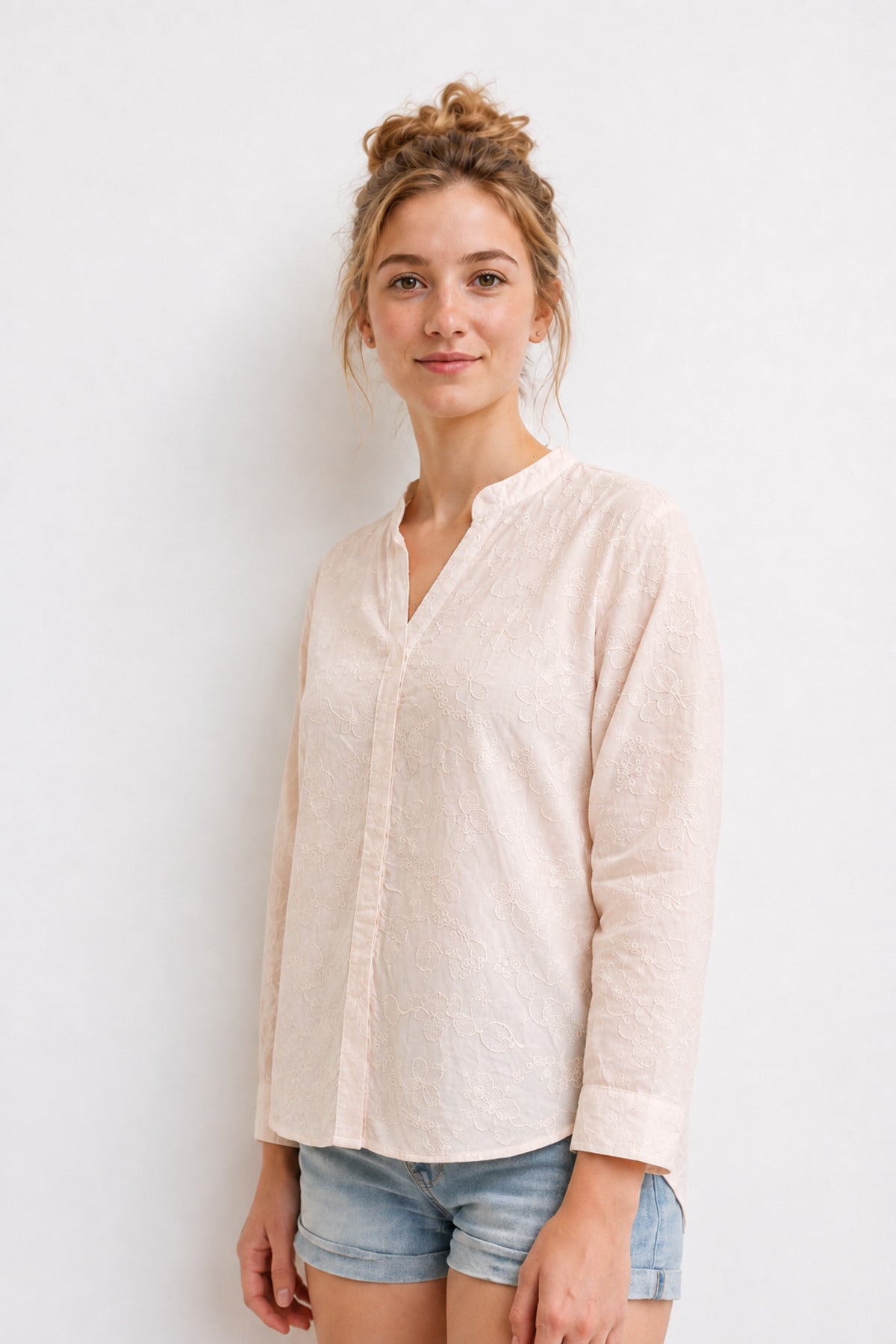 Isla Women's Cotton Embroidered Relaxed Fit Shirt - Light Pink