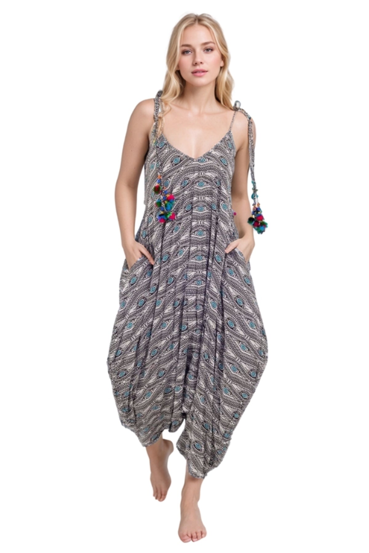 Julia Women's Evil Eye Pom-Pom Strap Jumpsuit - Gray