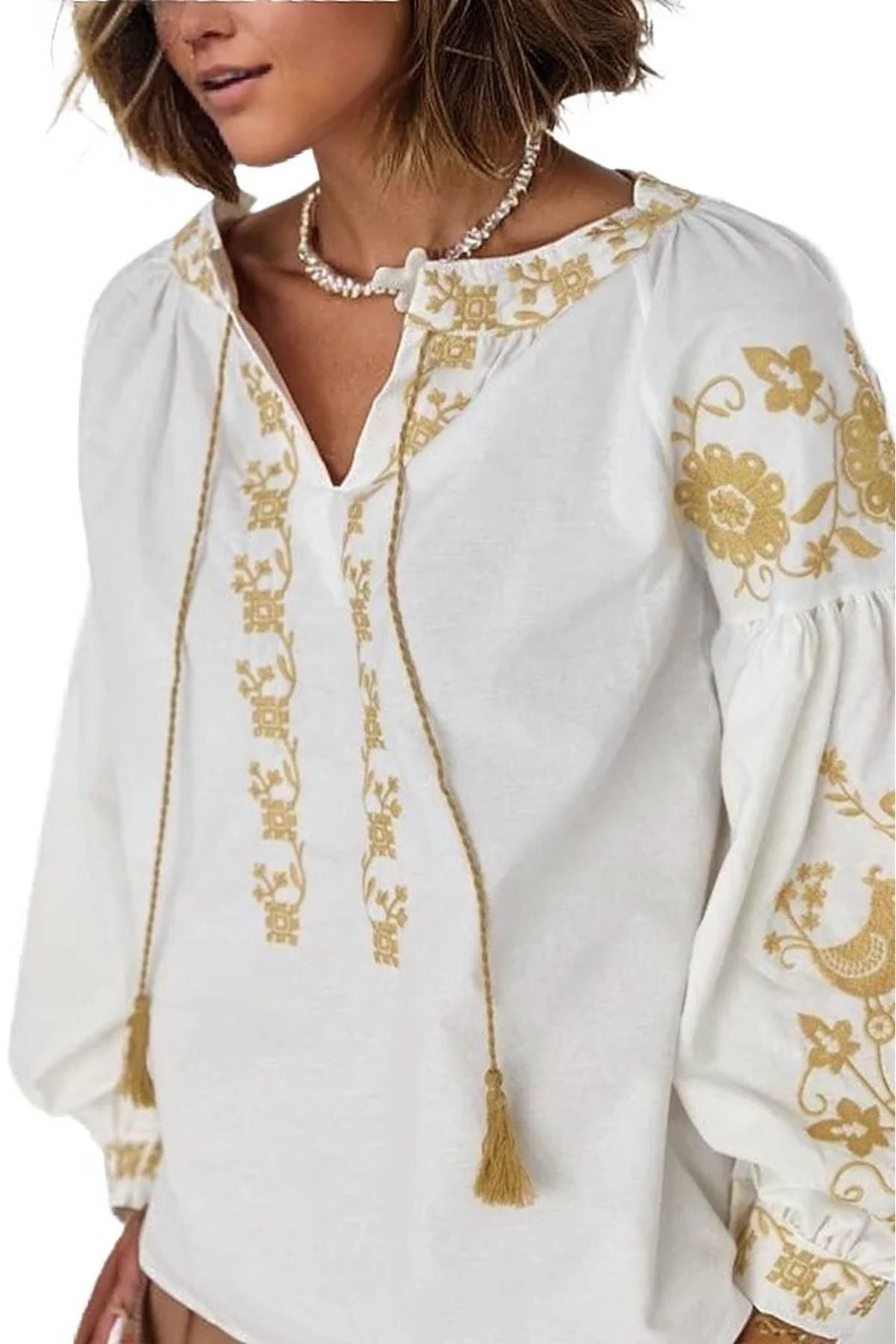 Autumn Women's Bird and Floral Embroidered Tassel Blouse - White