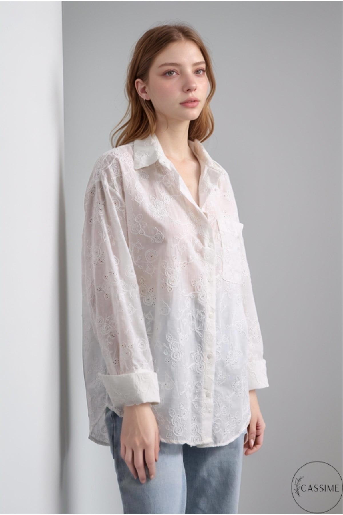 Florence Women's Cotton Floral Embroidered Pocket Shirt - White Floral