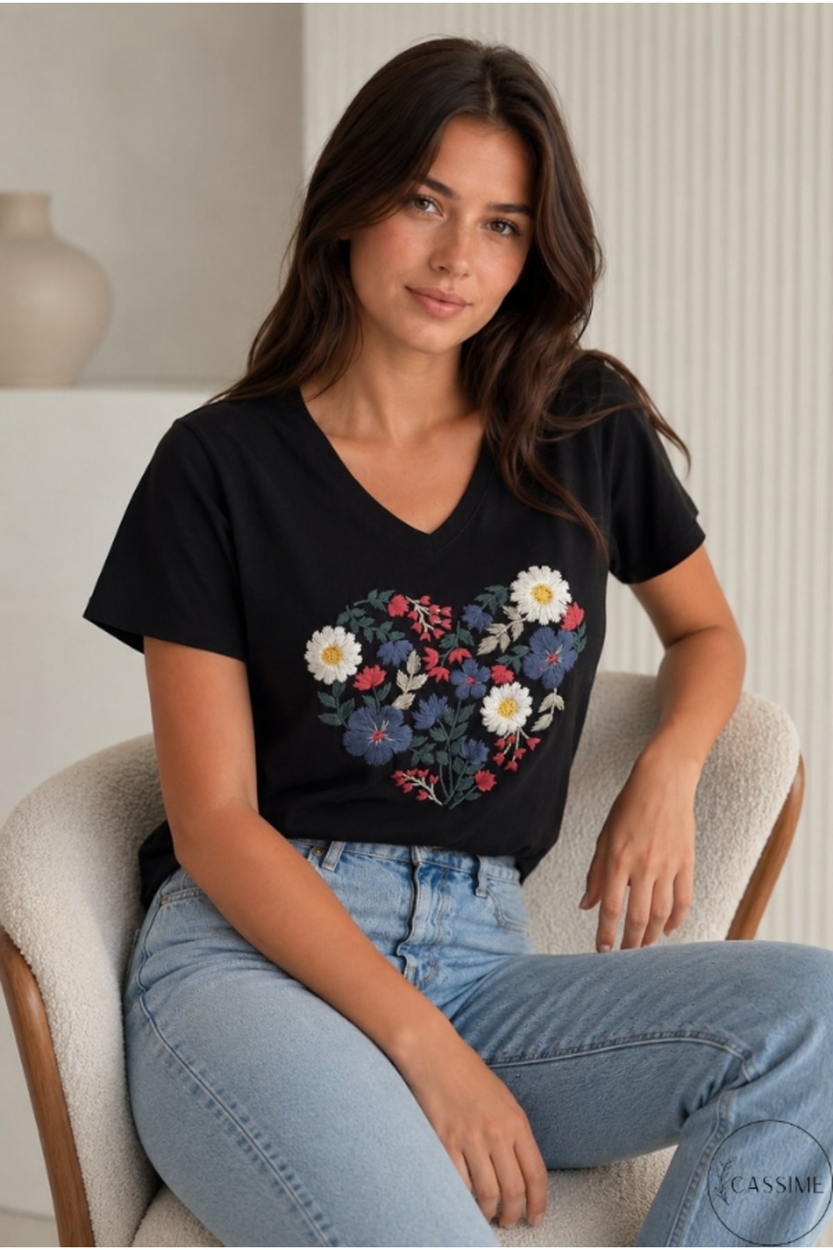 Olivia Women's Cotton Plus Size Embellished V-Neck T-Shirt - Multicolor with Black Embroidery