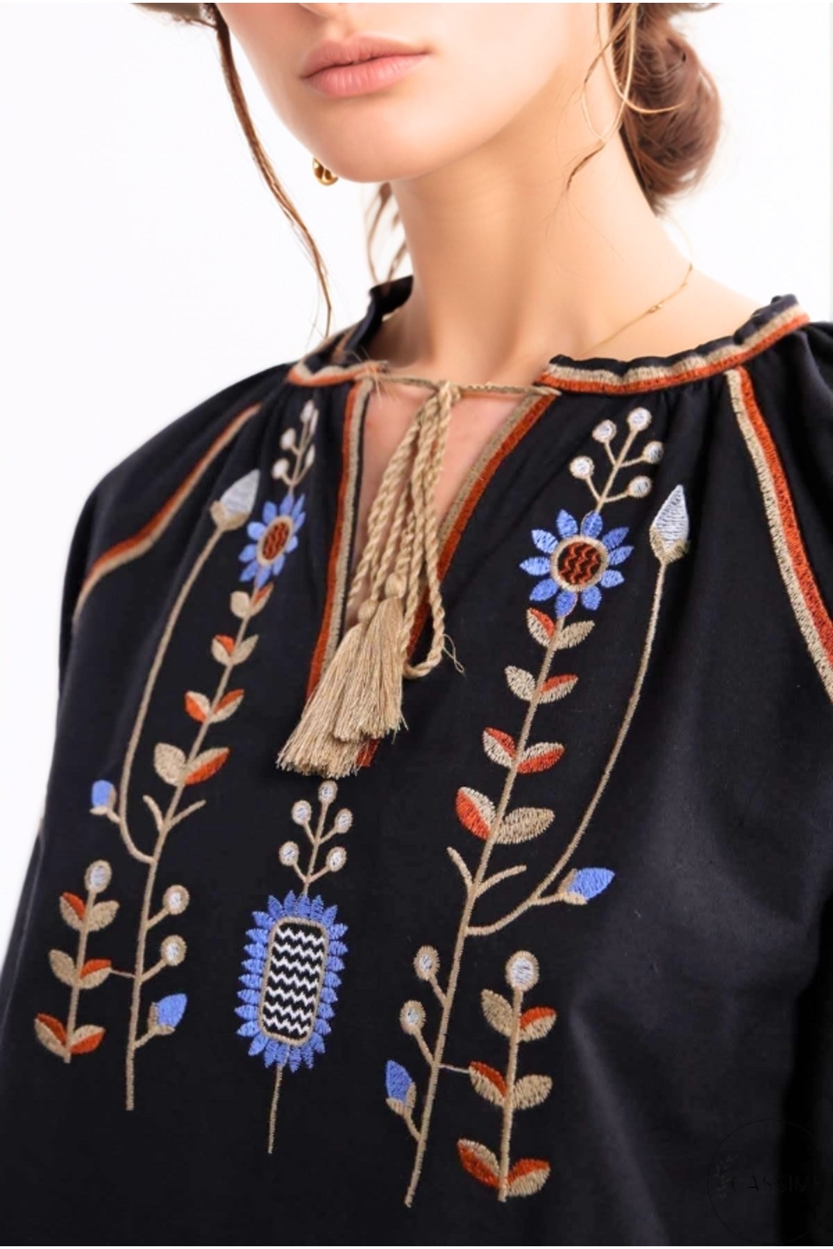 Frances Women's Cotton Embroidered Long Sleeve Blouse - Black