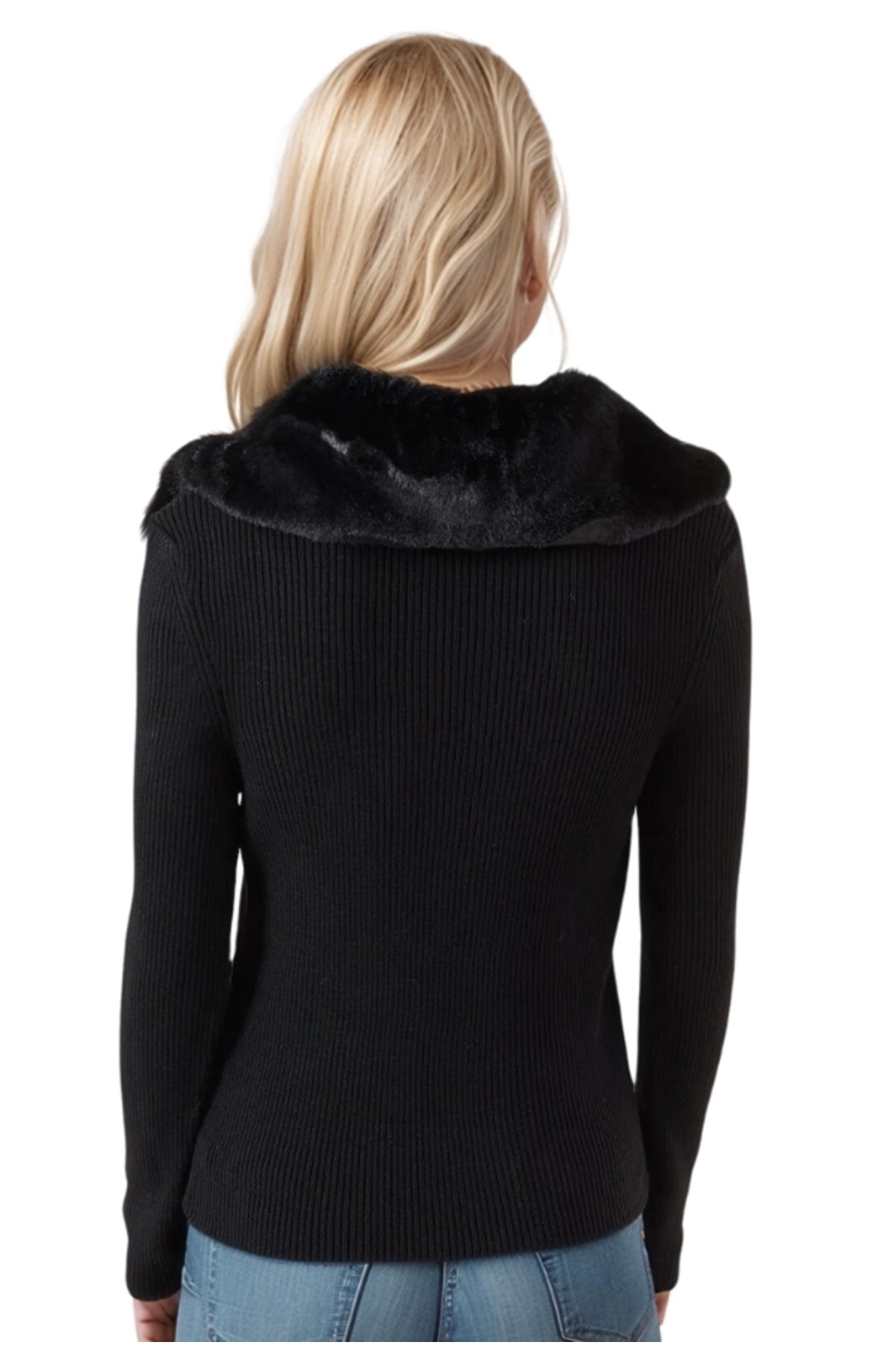 Lila Women's Fur-Trim Collar Zip Knit Sweater - Black