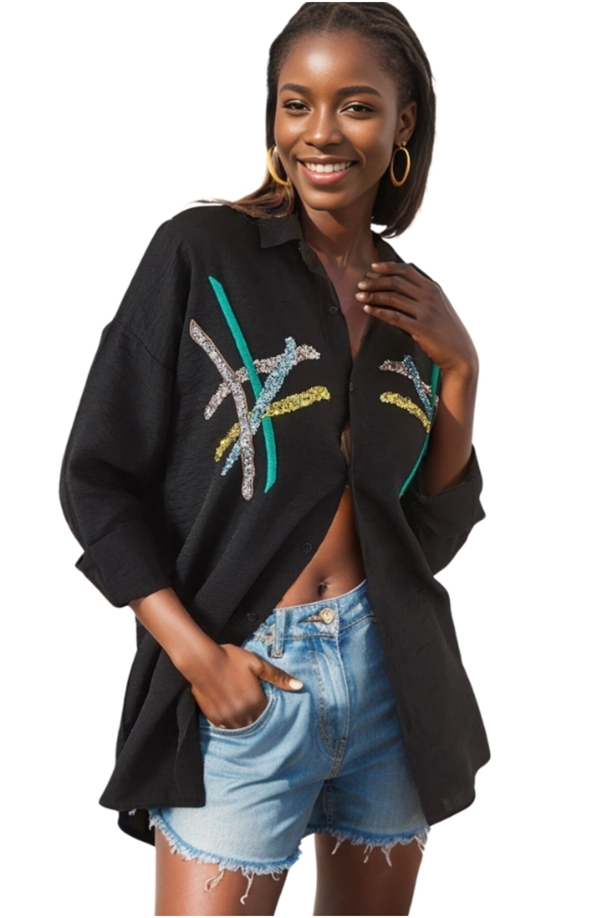 Natasha Women's Embroidered Oversized Shirt - Black Striped