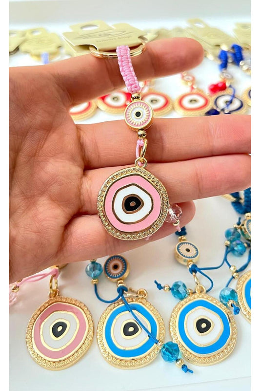 Brianna Gold-Plated Evil Eye Bead Keychain - Pink and Blue Evil Eye