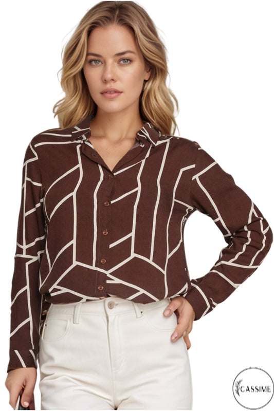 Amelia Women's Viscose Long Sleeve Button-Up Shirt - Brown Striped