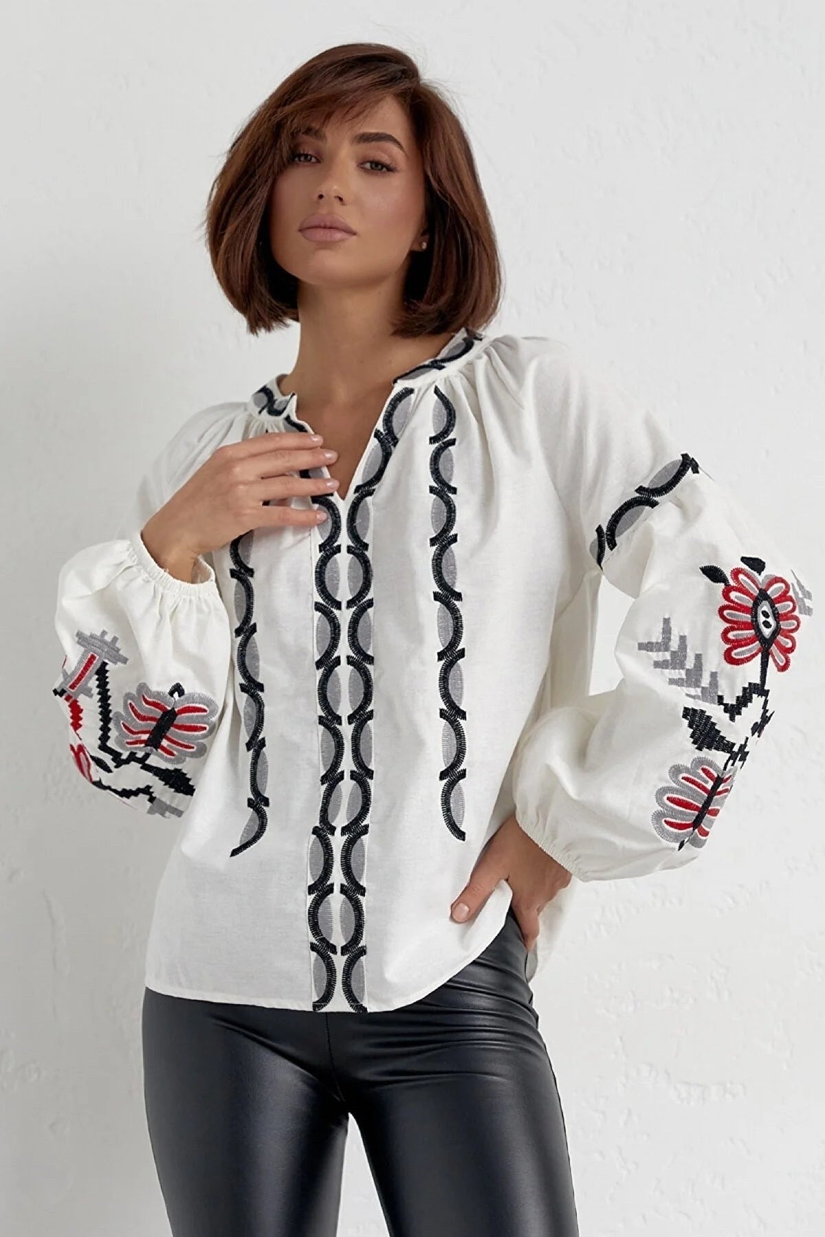 Rosa Women's Cotton Embroidered Long Sleeve Tie Blouse - Ecru