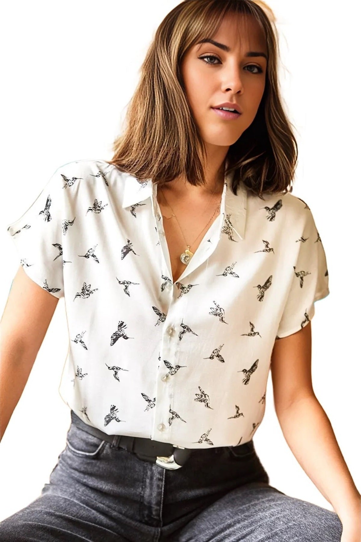 Charlotte Women's Viscose Short Sleeve Batwing Shirt - Bird Print