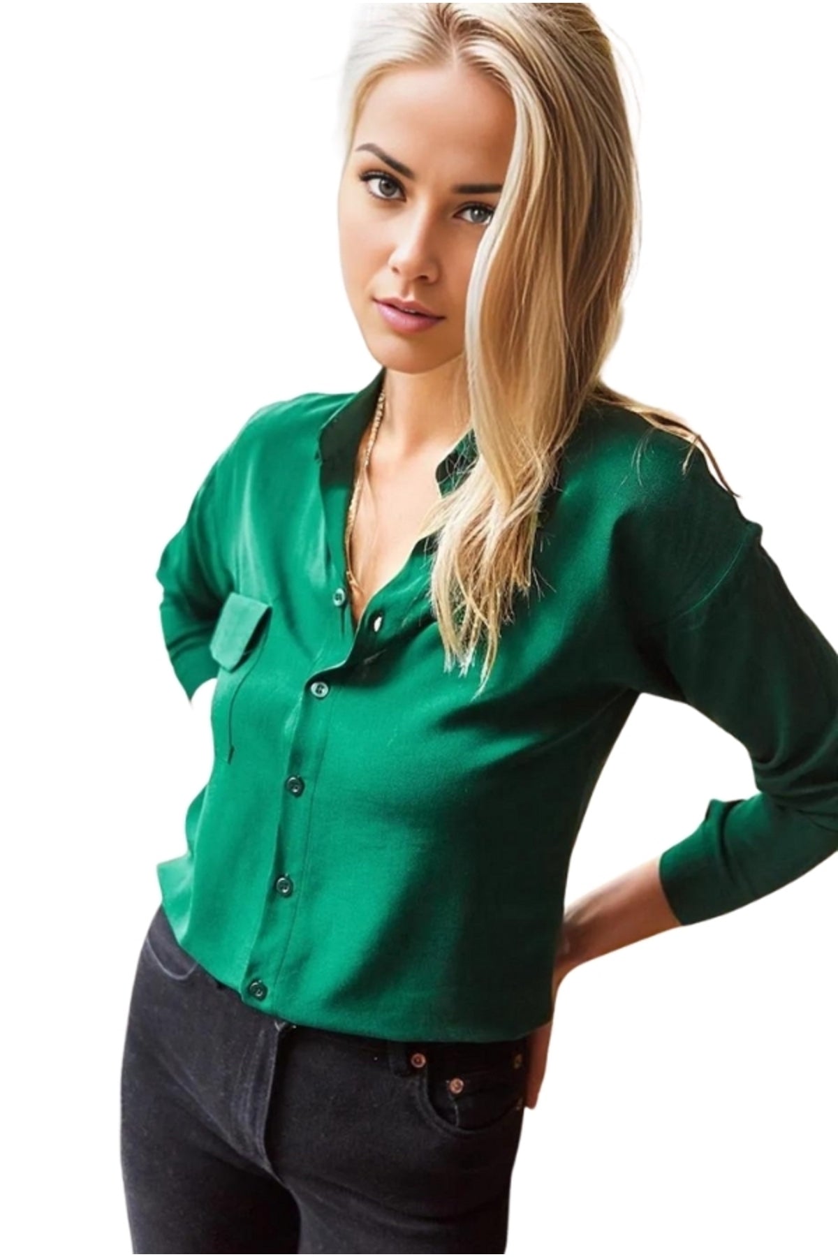 Iris Women's Viscose Relaxed Fit Pocket Shirt - Emerald and Green