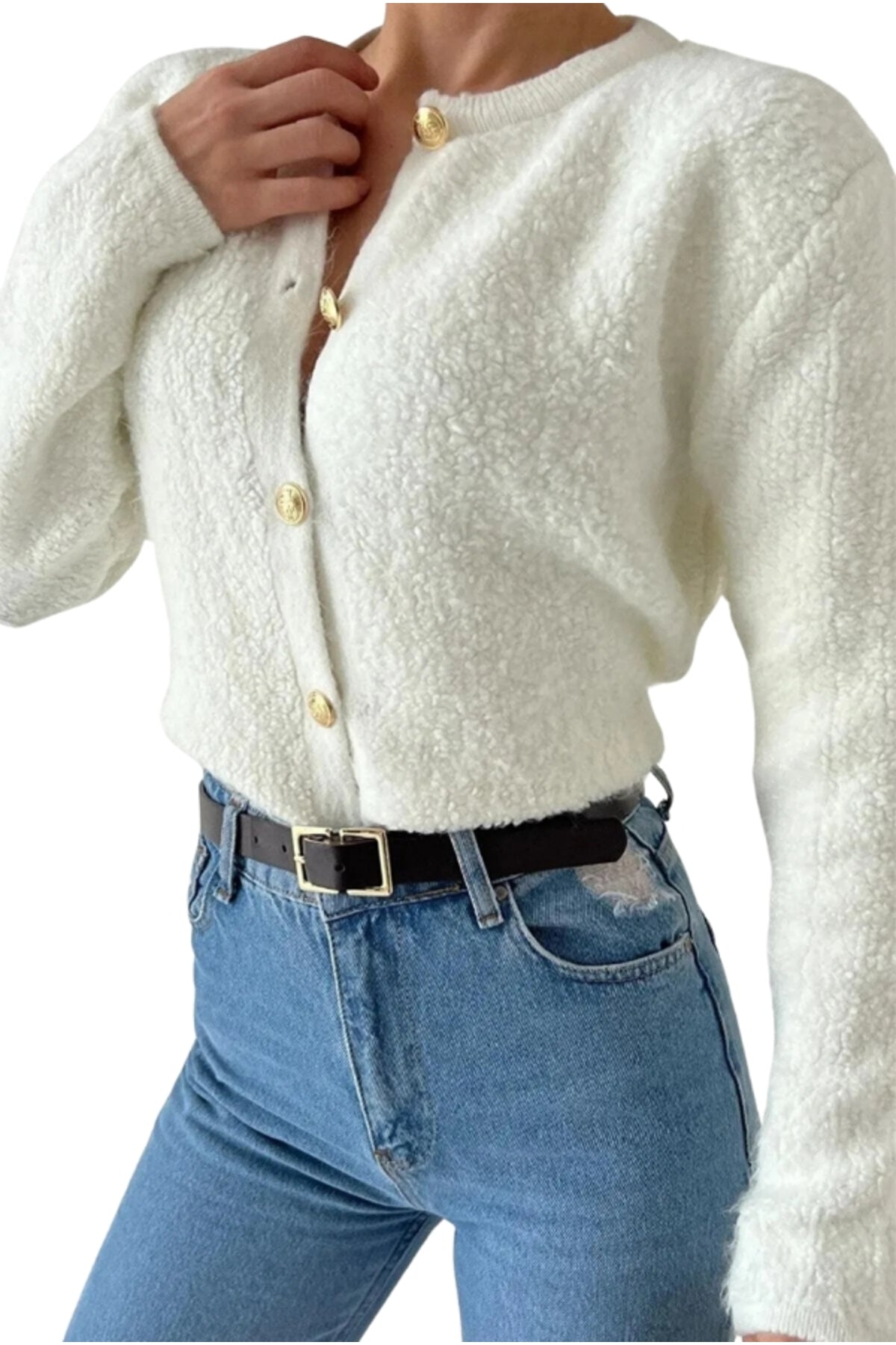 Kayla Women's Gold-Tone Button Teddy Cardigan - Ecru