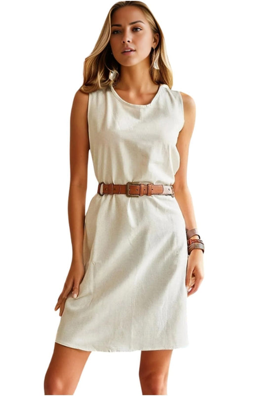 Charlene Women's Linen-Viscose Blend Floral Sleeveless Summer Dress - Beige