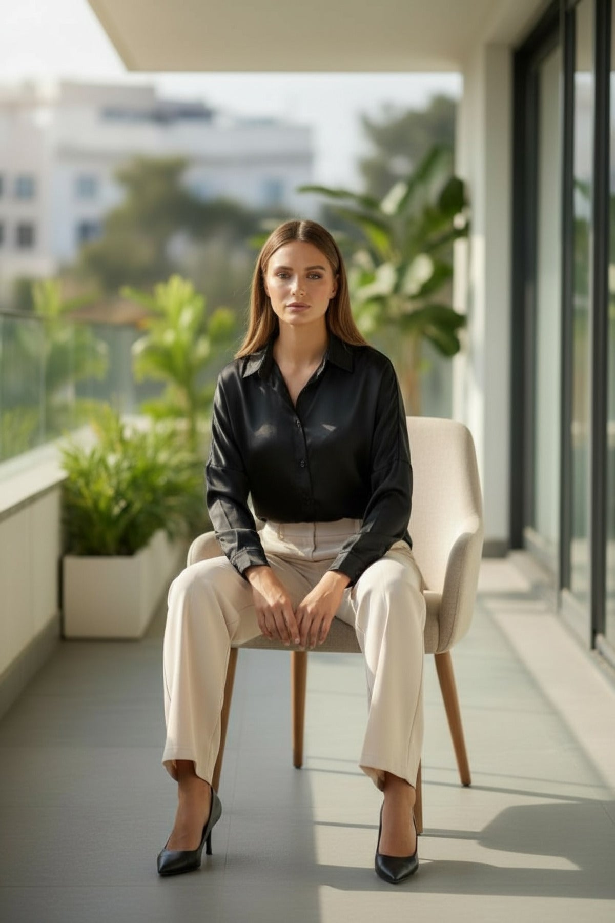Caroline Women's Relaxed Fit Satin Shirt - Black
