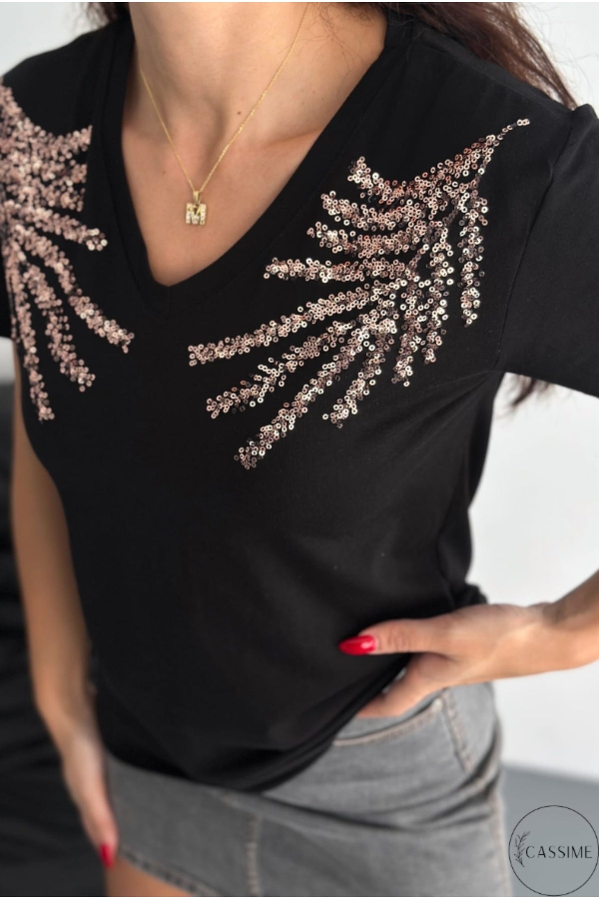Olivia Women's Cotton Plus Size Embellished V-Neck T-Shirt - Black Minimal Leaf