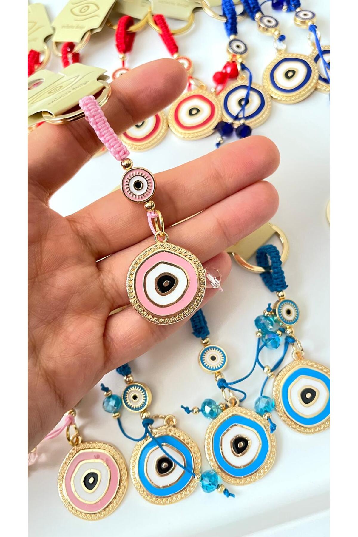 Brianna Gold-Plated Evil Eye Bead Keychain - Pink and Blue Evil Eye