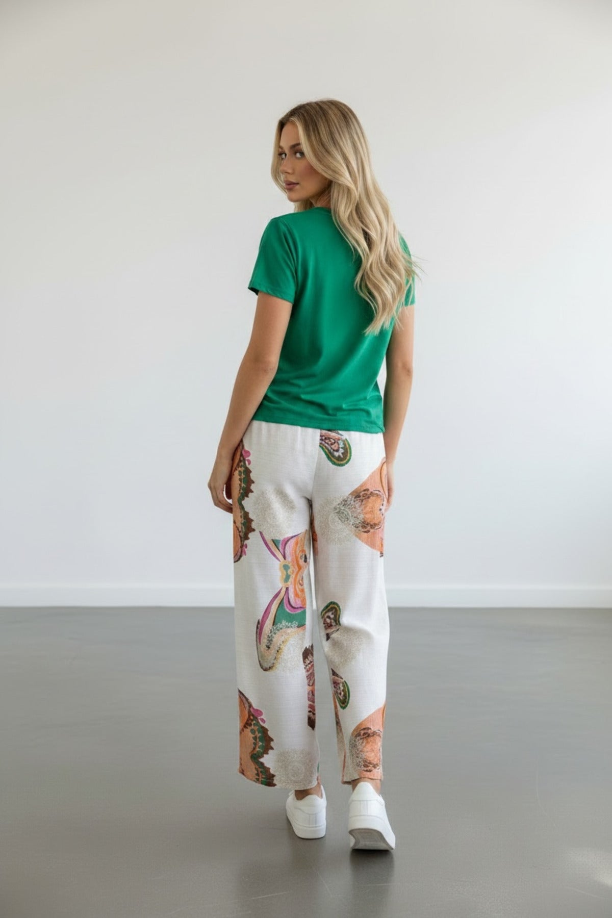 Lucy Women's Viscose Wide Leg Palazzo Pants - Ecru with Orange and Green Shimmer Print