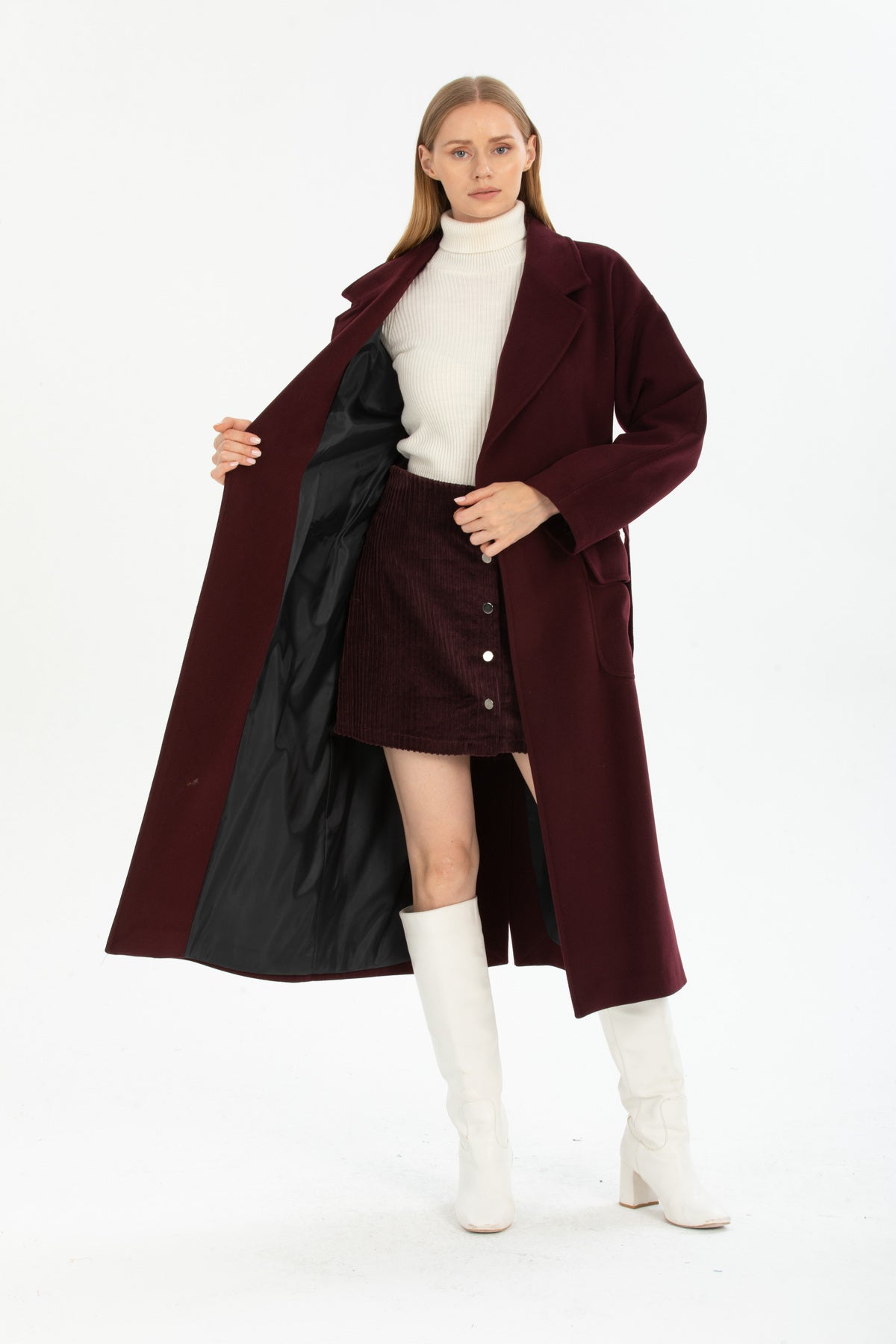 Anabel Women's Belted Notched Collar Coat - Plum - product image 2