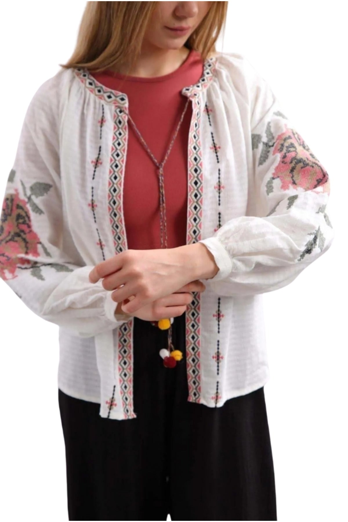 Lilian Women's Rose Embroidered Tie Blouse - Ecru