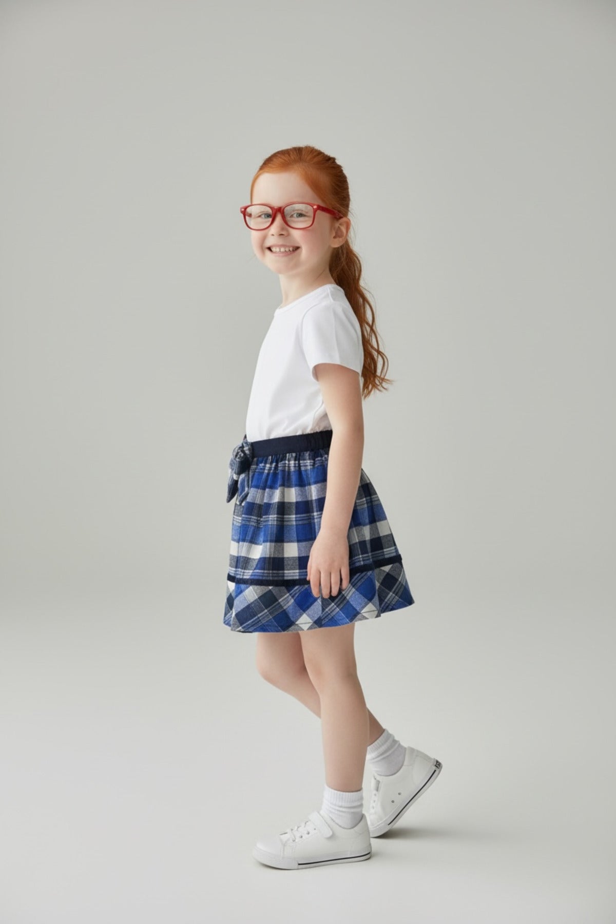 Alida Girls' Plaid Skirt - Navy Royal Blue White Plaid - product image 2