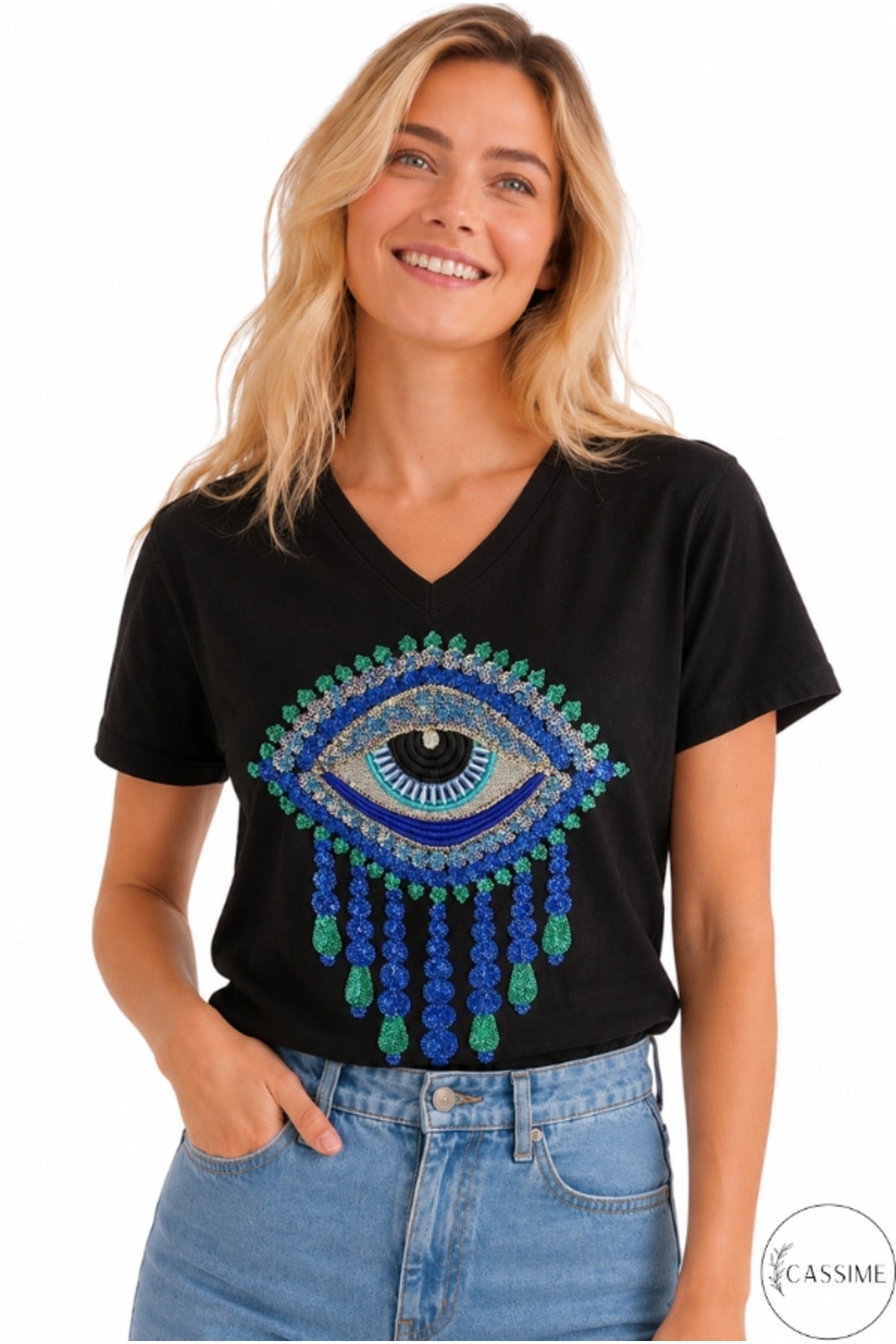 Olivia Women's Cotton Plus Size Embellished V-Neck T-Shirt - Black Evil Eye Pattern