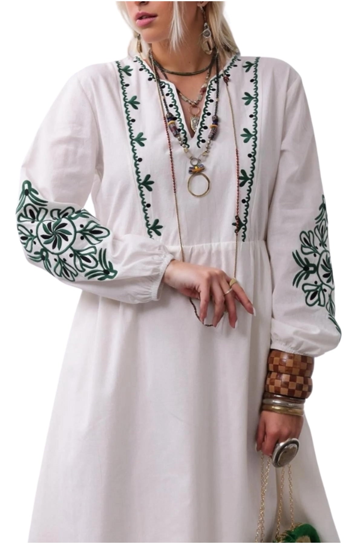 Maria Women's Embroidered Boho Split-Neck Dress - White with Green Embroidery