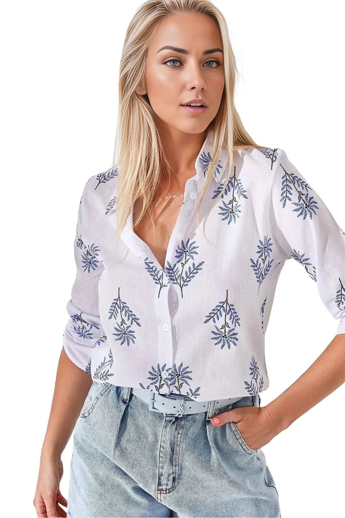 Robyn Women's Cotton Blend Roll-Sleeve Button-Up Shirt - Blue Pinwheel