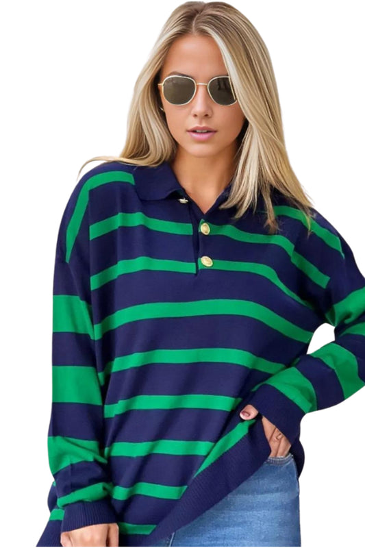 Carla Women's Striped Gold-Tone Button Polo Sweater - Navy and Green