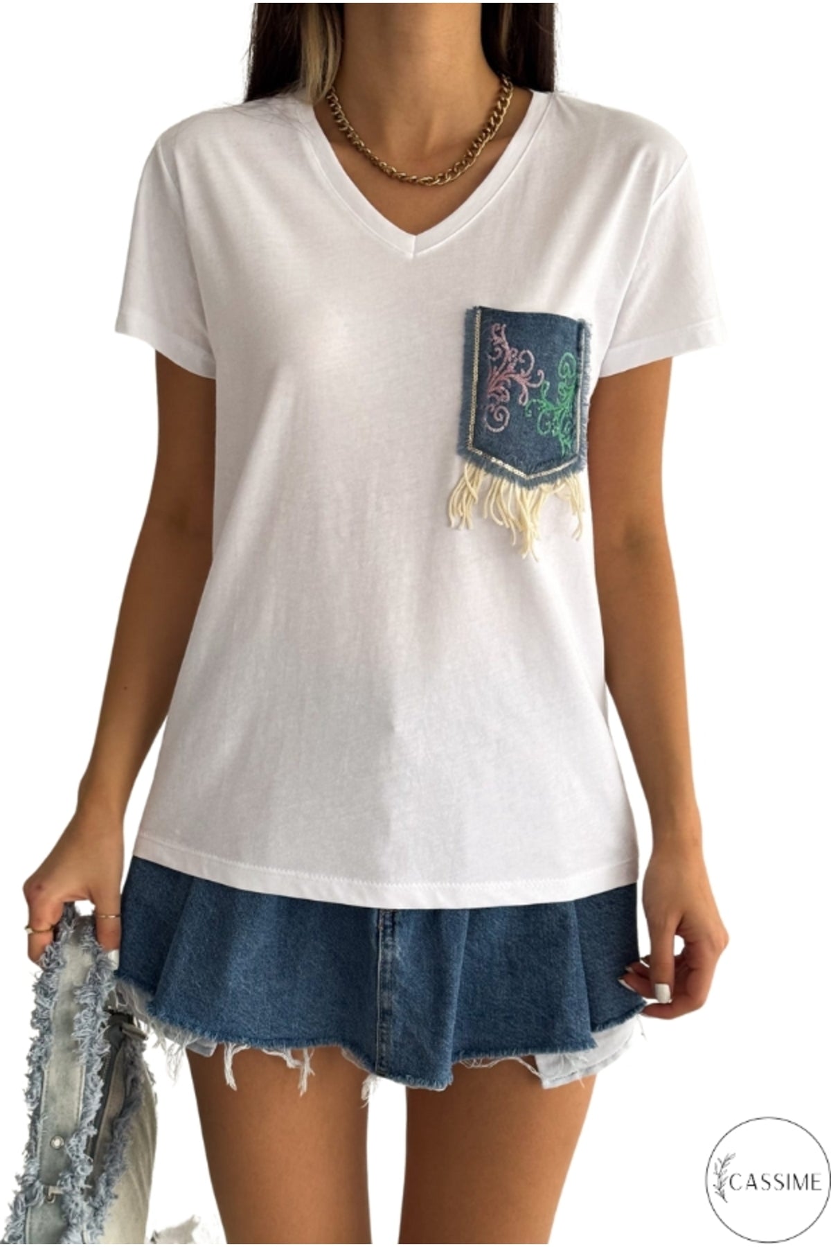 Olivia Women's Cotton Plus Size Embellished V-Neck T-Shirt - White with Denim Pocket