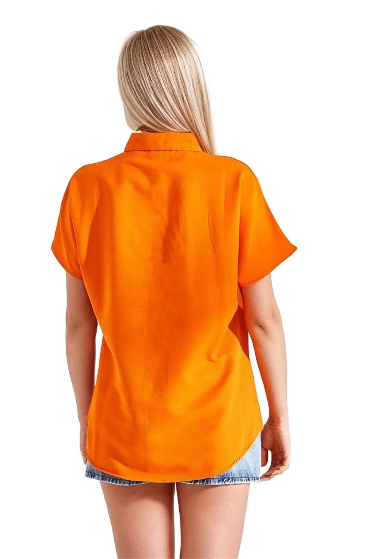 Jocelyn Women's Linen-Viscose Blend Oversized Short Sleeve Batwing Shirt - Orange