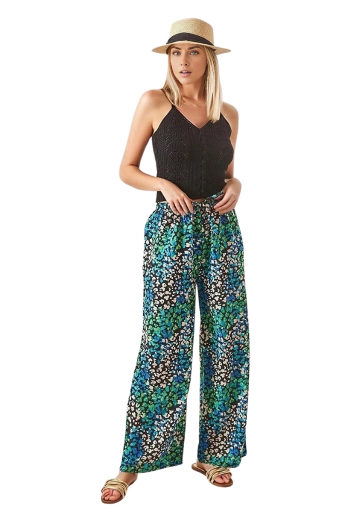 Lucy Women's Linen-Viscose Blend Wide Leg Palazzo Pants - Green Floral