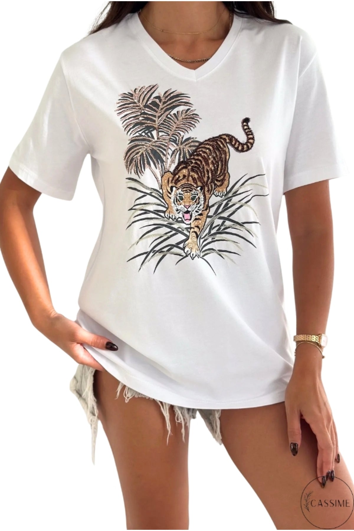 Sophie Women's Cotton Embellished V-Neck T-Shirt - White Leopard Print