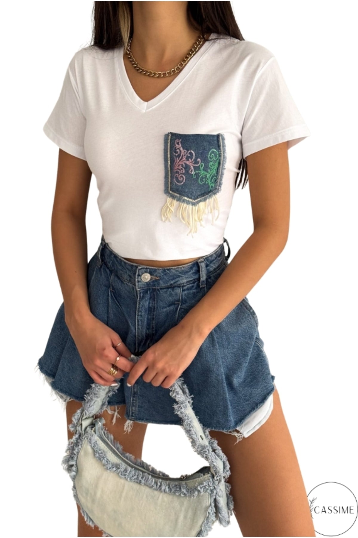 Olivia Women's Cotton Plus Size Embellished V-Neck T-Shirt - White with Denim Pocket
