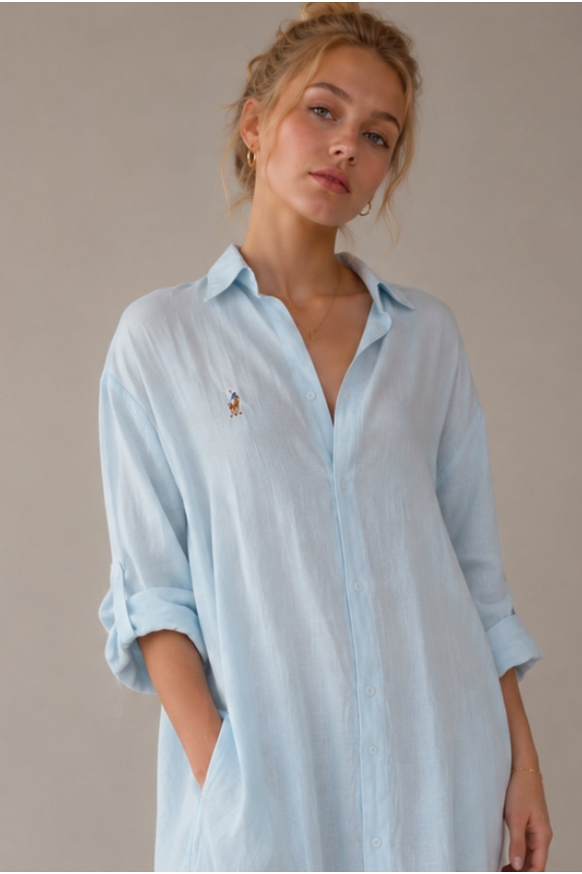 Hazel Women's Oversized Muslin Shirt Dress - Baby Blue Muslin