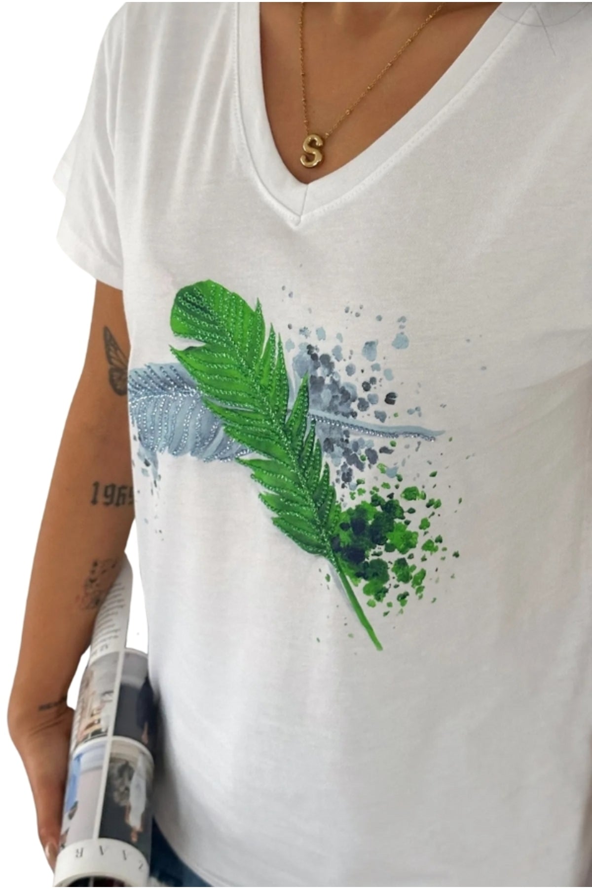 Olivia Women's Cotton Plus Size Embellished V-Neck T-Shirt - White with Blue and Green Leaf Sequins