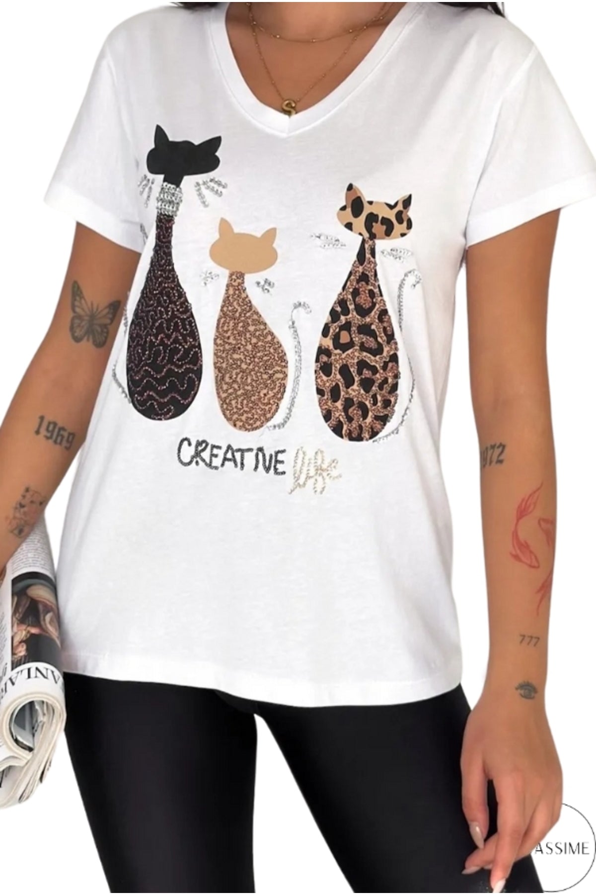 Olivia Women's Cotton Plus Size Embellished V-Neck T-Shirt - Leopard Three Cats with Sequins
