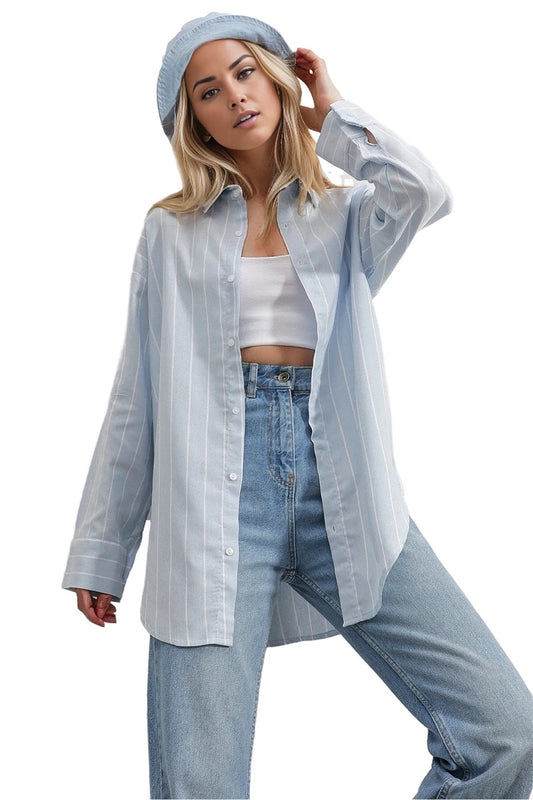 Lacey Women's Striped Oversized Button-Up Shirt - Light Blue Striped