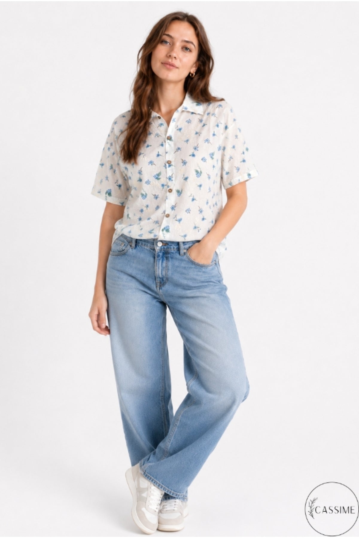 Alice Women's Cotton Floral Short Sleeve Shirt - Ecru with Blue Ditsy Flowers