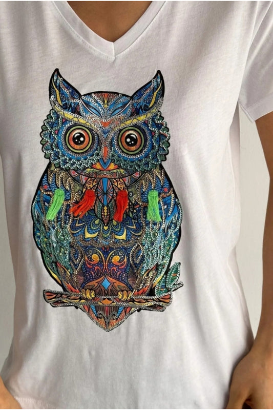Olivia Women's Cotton Plus Size Embellished V-Neck T-Shirt - White Owl Print