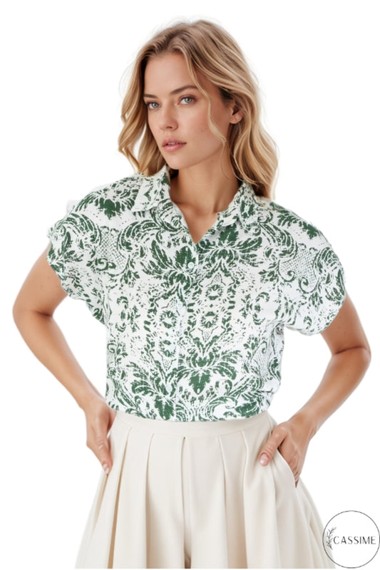 Charlotte Women's Short Sleeve Batwing Shirt - Khaki and Ecru Print