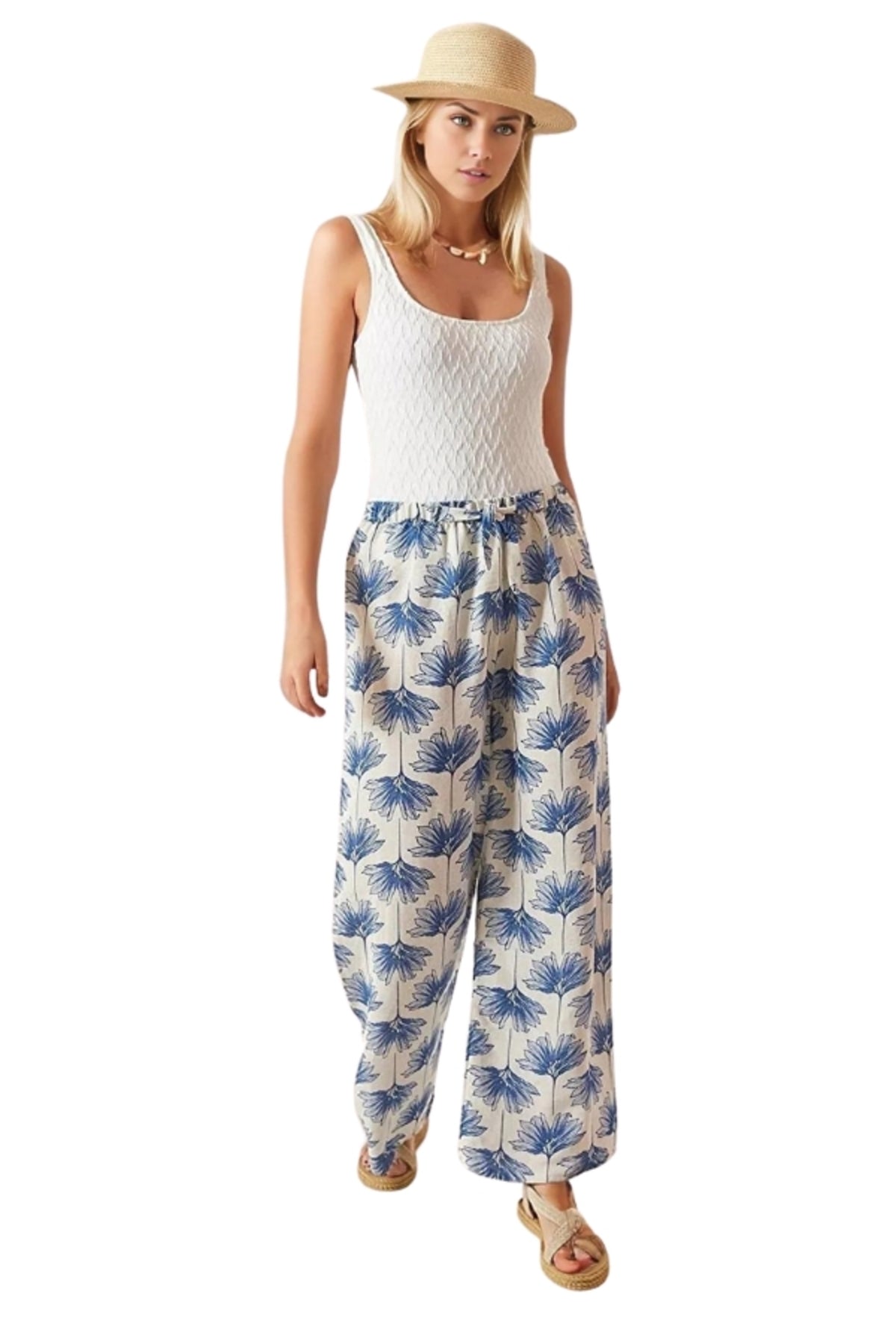 Lucy Women's Linen Blend Wide Leg Palazzo Pants - Cream with Blue Floral Print