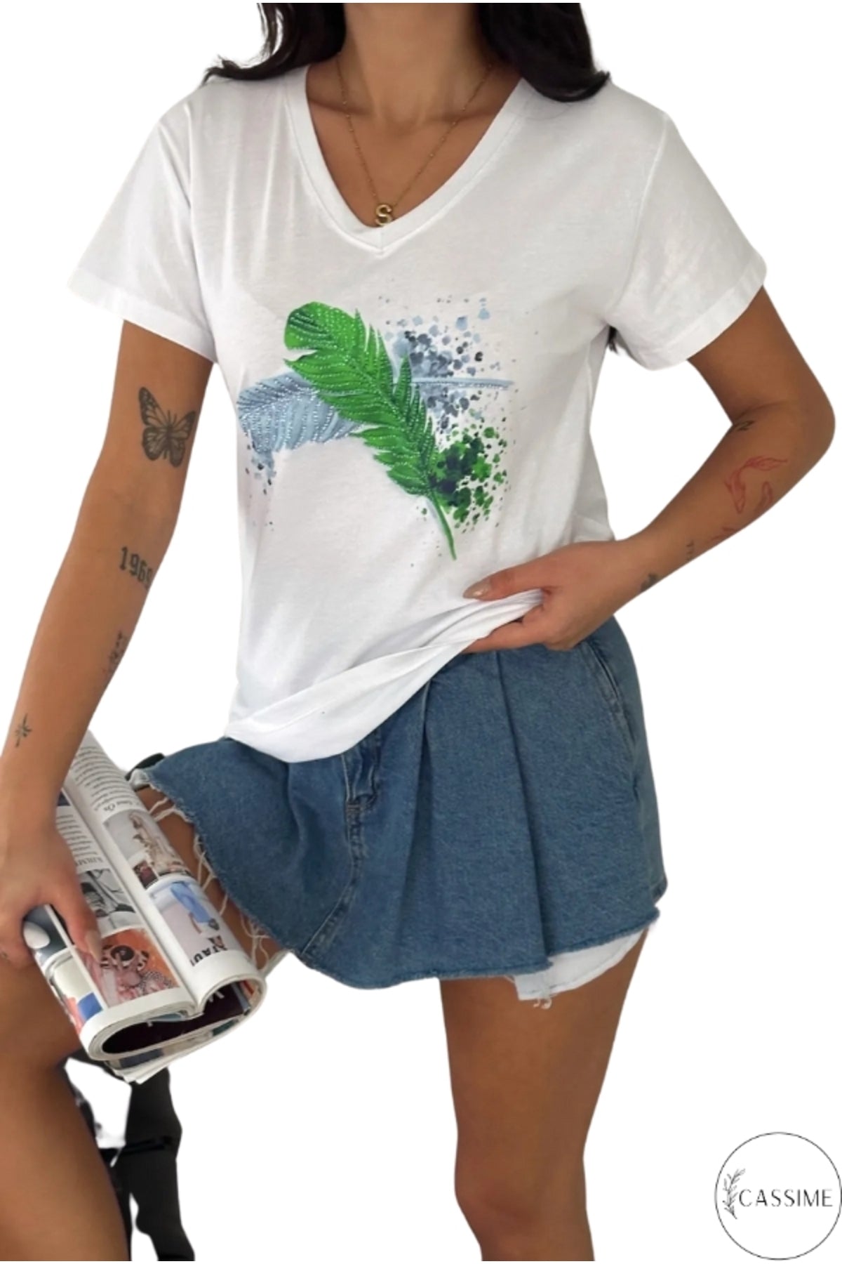 Olivia Women's Cotton Plus Size Embellished V-Neck T-Shirt - White with Blue and Green Leaf Sequins