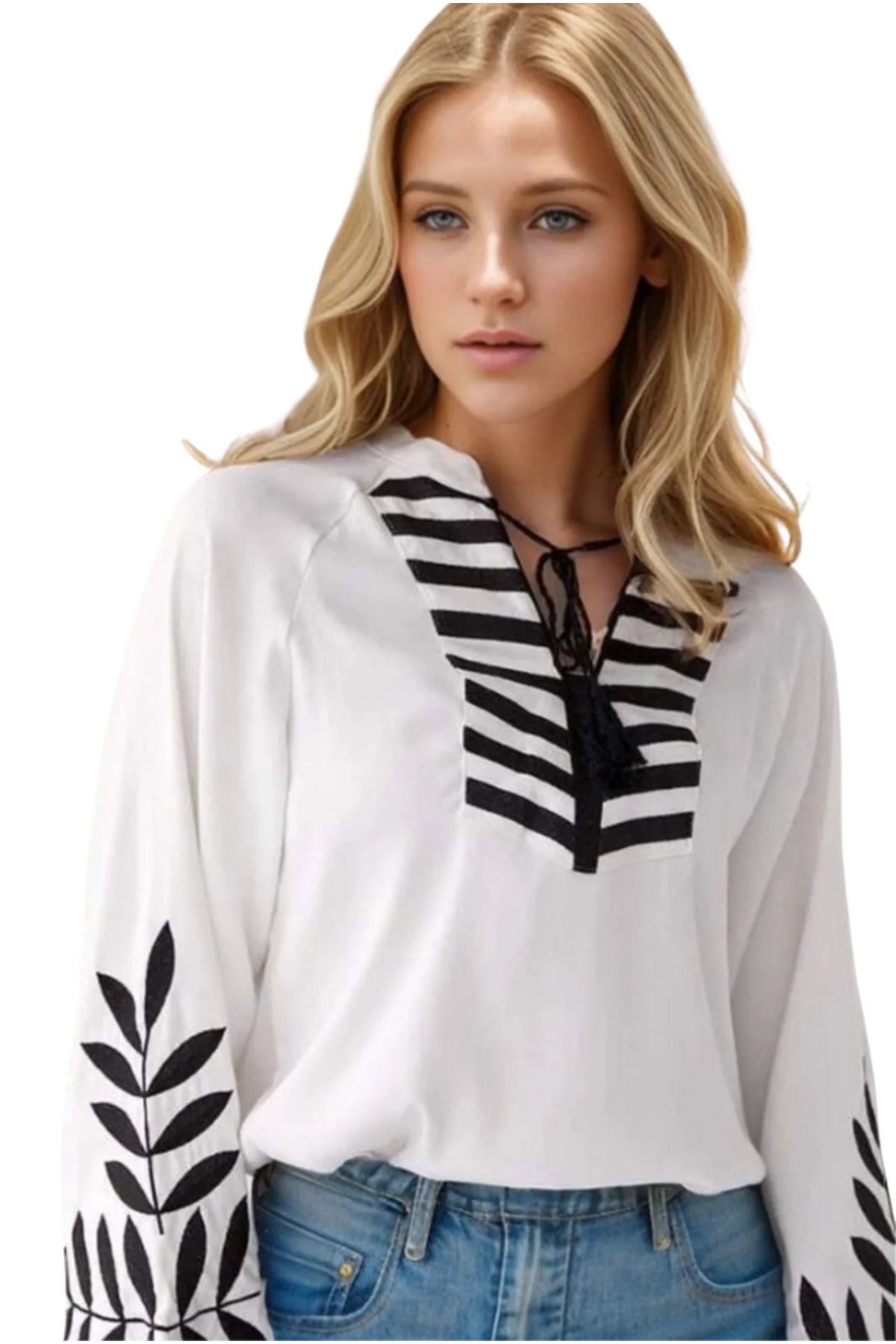 Nicole Women's Cotton Embroidered Long Sleeve Blouse - White with Black Embroidery